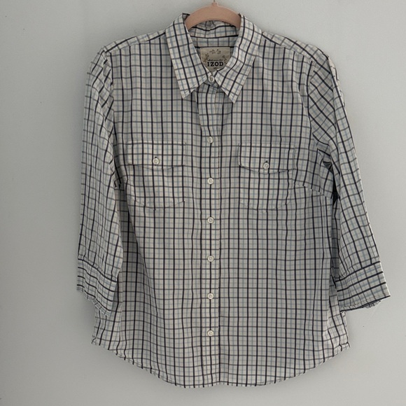Izod Women’s White and Blue Button Checkered Shirt. SZL. - Picture 1 of 12